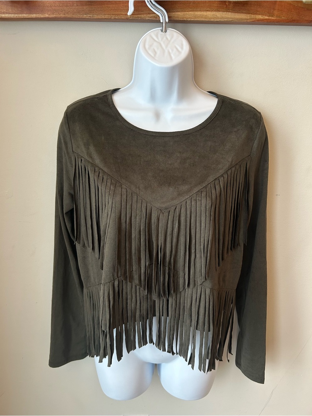 Olive Green Faux Suede Fringe Long Sleeve Top Western Festival Size M
